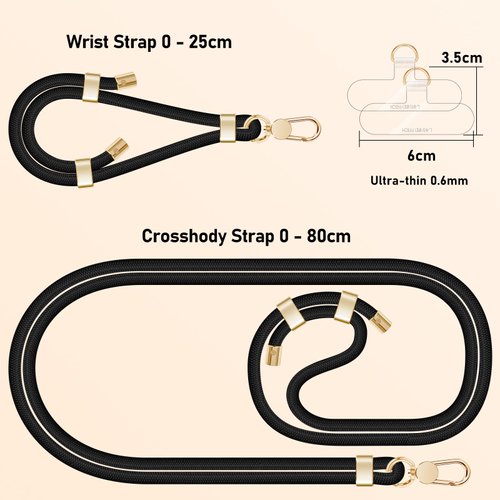 UKON Cell Phone Lanyard,Crossbody Lanyard and Wrist Strap Premium Metal Buckle Phone Charms with 2 X Phone Patch Compatible with All Smartphone(Black)