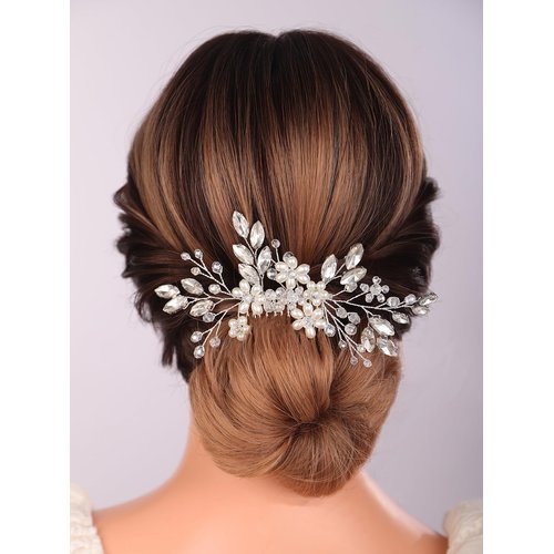 Teyglen Flower Pearl Bride Wedding Hair Comb Silver Crystal Hair Comb Bridal Hair Piece Decorative Hair Accessories for Bride Rhinestone Headpiece for Women Grils (Silver)
