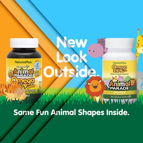 NaturesPlus Animal Parade Omega 3/6/9 Junior, Lemon Flavor - 90 Softgels - Promotes Children’s Immune, Skin, Eye & Nervous System Health - Non-GMO, Gluten Free - 45 Servings