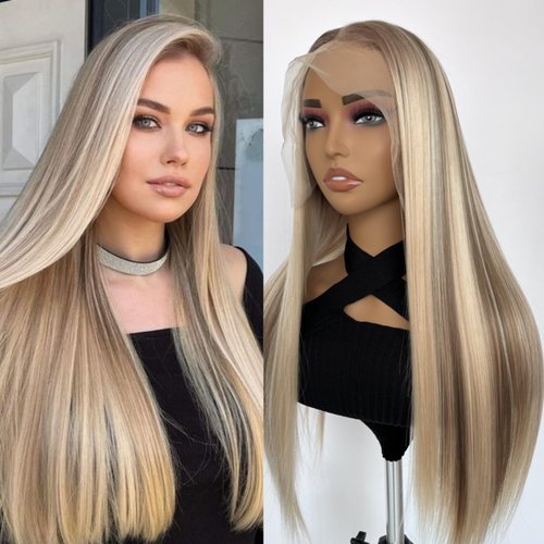 mytonecoo Highlight Brown Balayage Straight 13x6 Lace Front Wigs Glueless HD Synthetic Lace Front Wig for Women Natural Looking like Human Hair Pre Plucked Hairline 24inch
