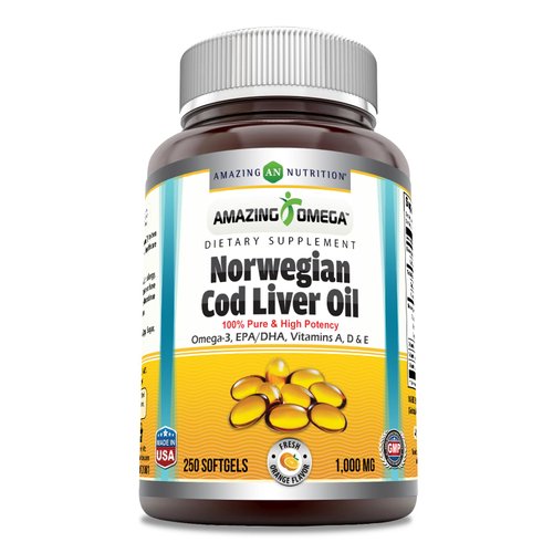 Amazing Omega Norwegian Cod Liver Oil 1000 Mg Softgels Supplement | Omega-3, EPA, DHA, Vitamin A, Vitamin D & Vitamin E (Orange | 250 Count)