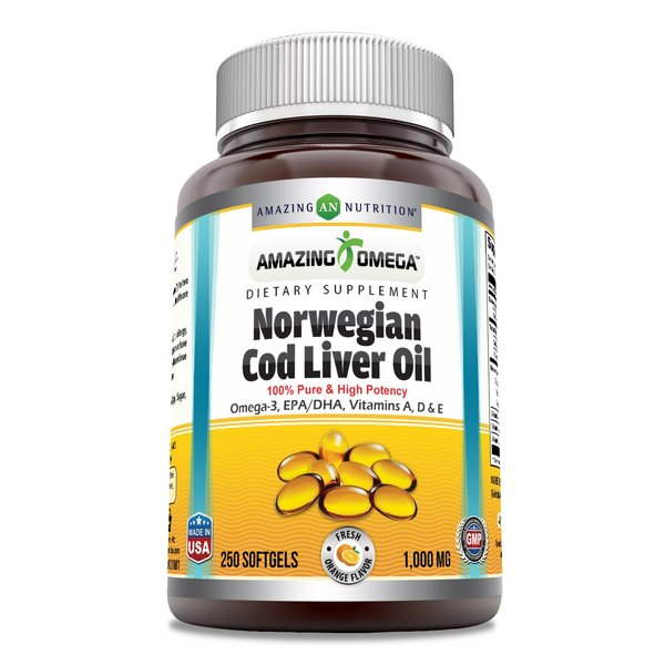 Amazing Omega Norwegian Cod Liver Oil 1000 Mg Softgels Supplement | Omega-3, EPA, DHA, Vitamin A, Vitamin D & Vitamin E (Orange | 250 Count)