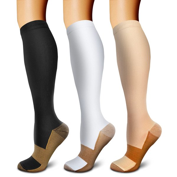 FEYHAY Copper Compression Socks (3 Pairs) 15-20 mmHg Circulation is Best Athletic & Daily for Men & Women, Running, Climbing (Small-Medium, 02 Black/White/Beige)