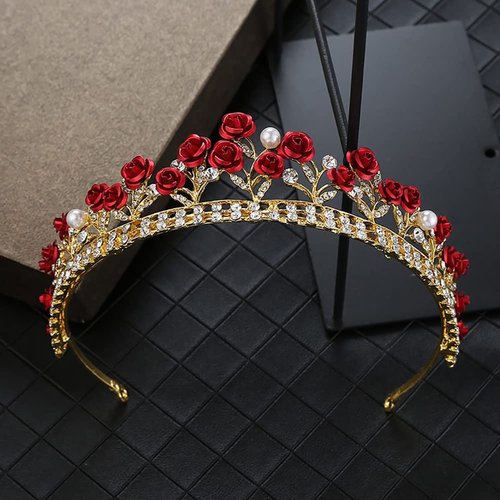 Red Rose Tiara Bridal Wedding Crystal Crown Gold Flower Princess Tiara Rhinestones Pearl Headband Hair Band for Women Girls