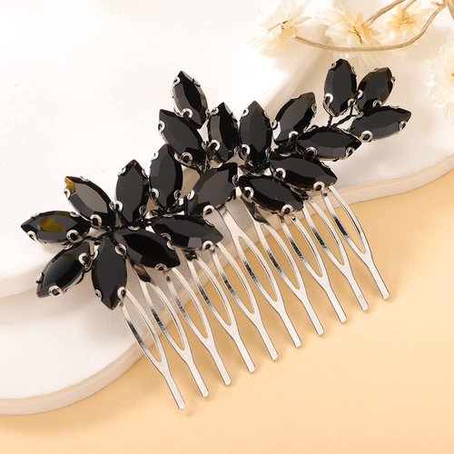 Teyglen Crystal Bride Wedding Hair Comb Full Rhinestone Side Hair Comb Black Hair Pieces Bridal Black Headpieces Hair Accessories for Women Girl(Black)