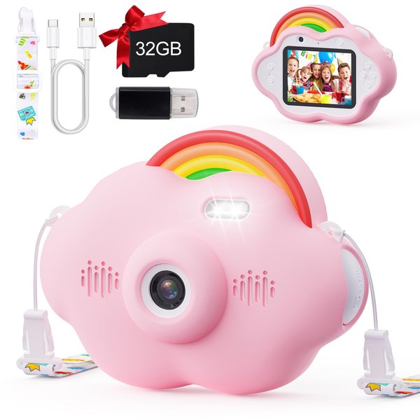 Selvim Upgrade Kids Selfie Camera, Christmas Birthday Gifts for Boys&Girls Age 3-9, HD Kids Digital Video Rainbow Camera for Toddler, Girl Toys Gifts for 3 4 5 6 7 8 Year Old with 32GB Card