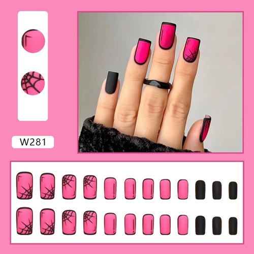 Halloween Press on Nails Medium Square Matte Fake Nails Pink False Nails With Black Spider Web Designs Full Cover Stick on Nails Acrylic Coffin Artificial Nails Glue on Nails for Women Girls 24Pcs