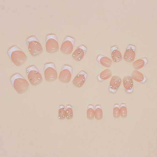 24Pcs Short Fake Nails Square Press on Nails White French Tip Glue on Nails Acrylic False Nails with Rhinestone Design Full Cover Stick on Nails for Women and Girls DIY Manicure Art Supplies