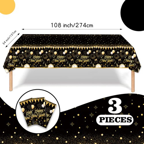 3PCS New Year Tablecloth, Disposable Black Gold NYE Party Tablecloth Decorations, Rectangular Plastic Happy New Year Table Cover NYE Theme Party Supplies for Birthday Party Decorations, 108 x 54”