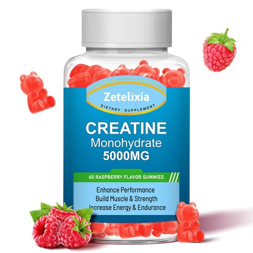 Zetelixia Creatine Monohydrate Gummies, Creatine Monohydrate for Men & Women, Enhanced Formula with BCAA, Vitamin B12, Taurine, Muscle Support, Energy Boost, Sugar Free, Vegan, 60 Count