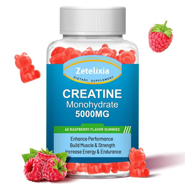 Zetelixia Creatine Monohydrate Gummies, Creatine Monohydrate for Men & Women, Enhanced Formula with BCAA, Vitamin B12, Taurine, Muscle Support, Energy Boost, Sugar Free, Vegan, 60 Count