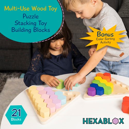 Hexablox 21pcs - Wooden Stacking Blocks - Montessori Wooden Toddler Toys for 1+ Year Old Boys Girls - Multi Use Stacking Toy, Toddler Puzzles , Color Sorting Toys for Toddlers 1-3, Building Blocks