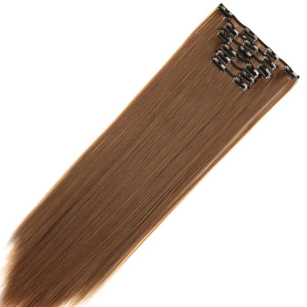 24"-26" Clip in Hair Extensions 6Pcs 16 Clips Curly Wavy Straight Thick Clip on Synthetic Hair Extension Hairpieces Light Chestnut Brown#