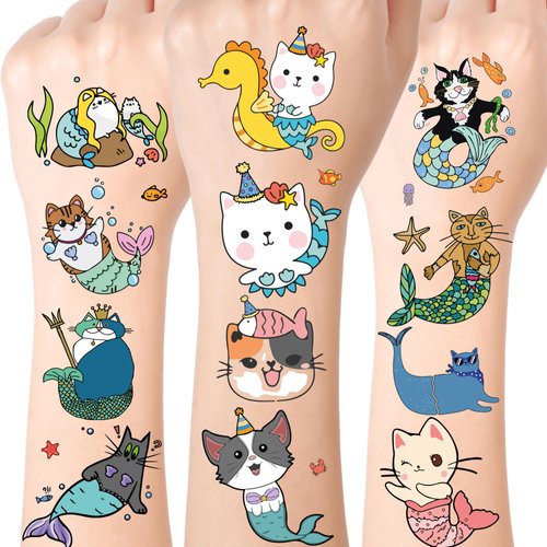 60 PCS Mermaid Temporary Tattoos for Party Supplies, Temporary Tattoo Stickers for Birthday Parties, Cat Tattoos Party Favor Activities, Waterproof Temporary Tattoos. (Multi Color)