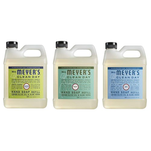 Mrs. Meyers Clean Day Liquid Hand Soap Refill, 1 Pack Lemon Verbena, 1 Pack Basil, 1 Pack Rain water, 33 OZ each