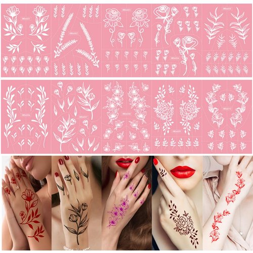 XMASIR Henna Tattoo Stencil Kit, 10 Sheets Pink Temporary Tattoo Templates Flower Leaf Tattoo Stickers for Women and Girls Face Paint Body Art (Pink)