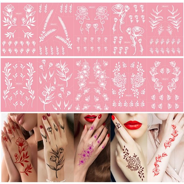 XMASIR Henna Tattoo Stencil Kit, 10 Sheets Pink Temporary Tattoo Templates Flower Leaf Tattoo Stickers for Women and Girls Face Paint Body Art (Pink)