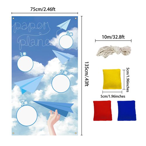 Bean Bag Toss Game, Paper Plane Theme Banner with 3 Bean Bags for Kids Adults Indoor Outdoor Party Supplies Yard Christmas Carnival Family Games