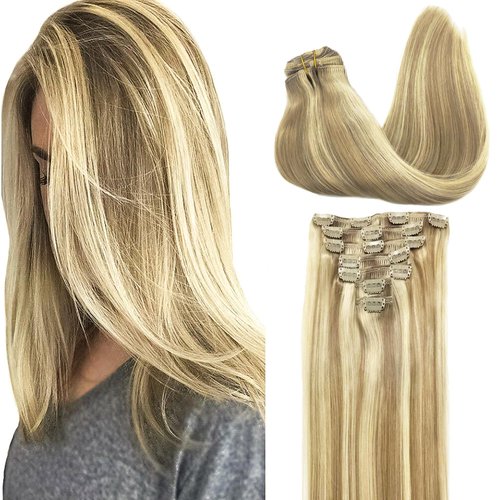 GOO GOO Clip in Hair Extensions Real Human Hair, 12inch 85g 7Pcs, 16/22 Light Blonde Highlighted Golden Blonde, Remy Human Hair Extensions Clip ins for Women, Natural Human Hair