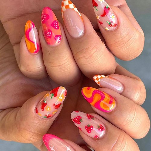 24 pcs Press on Nails Almond Medium french tip Acrylic Fake Nails with Fruit Colorful Swirl Patte...