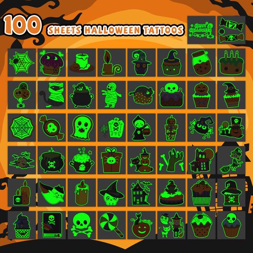 EMOME Halloween Party Favors Tattoo Stickers Luminous, Glows Temporary Tattoos for Kids Birthday Party Decorations Supplies, Halloween Candy Goodie Treat Bag Fillers (100 Pcs)