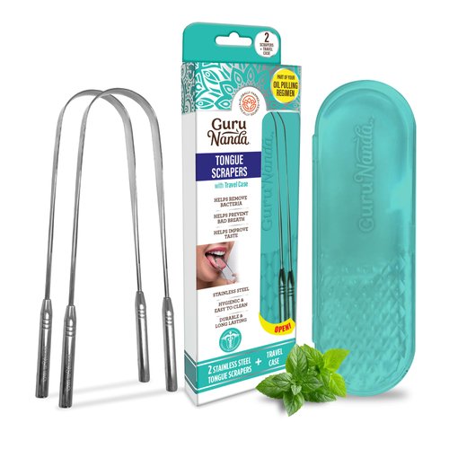 GuruNanda Tongue Scraper, Stainless Steel for Oral Hygiene, Bad Breath Treatment, Medical Grade 100% Cleaner with Travel Case Adults & Kids, Silver, 2 Count (Pack of 1) U Shaped