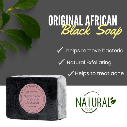 genovie MD Original African Black Soap, Face and Body Soap Bar for Women, Black Soap for Acne Wash Dry Skin, and Sensitive Skin, Facial Cleanser Made to Wash Away Impurities for a Youthful Complexion