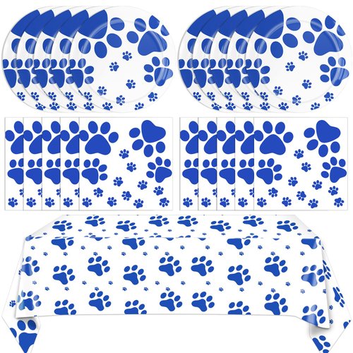 41PCS Blue Dog Paw Prints Birthday Party Supplies Include Plates Napkins Tablecloth Pet Party Decorations for Puppy Theme Party Picnic Baby Shower