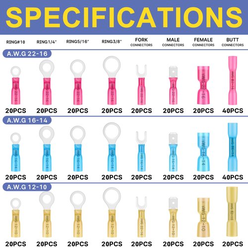 haisstronica 520PCS Marine Grade Heat Shrink Wire Connectors-Electrical Connectors Kit of Tinned Red Copper,16-14 22-16 12-10 Gauge Crimp Insulated Ring Fork Spade Butt Splices(3Colors/24Size)