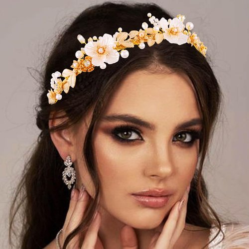 BARTOSI Flower Headbands Gold Bride Wedding Headpiece Pearl Bridal Hair Accessories for Women and Girls