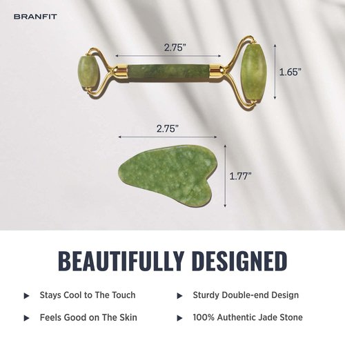 Branfit Gua Sha Massage Tool Jade Roller Skin Care Kit Face Roller, Natural Jade Roller Beauty Product for Anti-Aging & Anti-Wrinkle Treatment, Facial Massager Wand for Neck and Puffy Eye Area