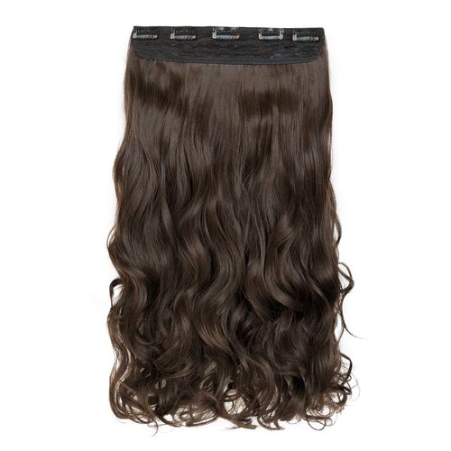 REECHO 20" 1-pack 3/4 Full Head Curly Wave Clips in on Synthetic Hair Extensions HE008 Hair pieces for Women 5 Clips 4.5 Oz Per Piece - Dark Chocolate Brown