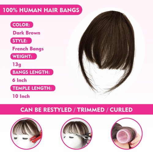 Clip in Bangs- Fake Bangs100% Human Hair Bangs Clip in Hair Extensions Wispy Bangs Clip On Air Bangs for Women Fringe With Temples Hairpieces Curved Bangs For Daily Wear (Dark Brown, Frensh Banga)
