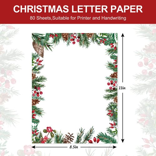 AnyDesign 80 Sheet Christmas Stationary Paper Xmas Pine Cones Berries Foliage Letterhead Letter Writing Paper for Holiday Notes Greeting Cards Invitations Office School Printing, 8.5 x 11 Inch