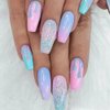 ANDGING Press on Nails Coffin Short Medium Ombre Pink Fake Nails with Glitter Colorful Design Gel Glue on Nails for Women Acrylic False Nails with Glue Stick on Nails for Wedding Birthday 24Pcs CCD88