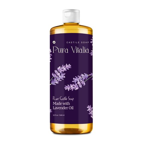 Pura Vitalia Lavender Pure Castile Soap Liquid with Olive Oil & Essential Oils; for Face Wash, Hand, Body, Laundry, and Beyond, Eco-friendly & fully Biodegradable Organic Castile Soap, 32 fl oz.