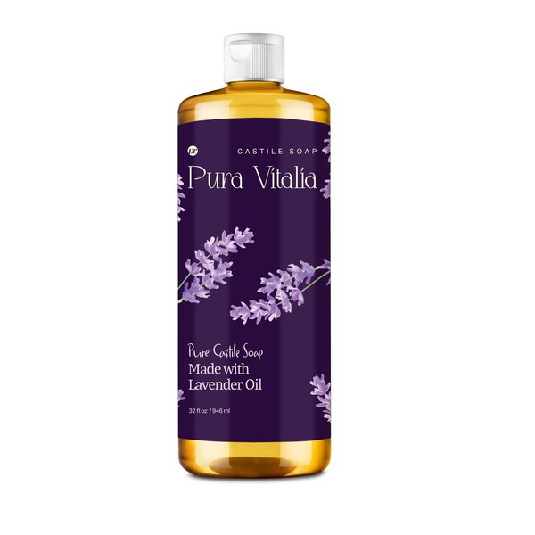 Pura Vitalia Lavender Pure Castile Soap Liquid with Olive Oil & Essential Oils; for Face Wash, Hand, Body, Laundry, and Beyond, Eco-friendly & fully Biodegradable Organic Castile Soap, 32 fl oz.