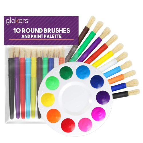 glokers 10-Piece Kids Paint Brushes Set with Paint Palette - Set of 10 Round Hog Bristle Paintbrushes, Easy to Clean - Art Supplies Perfect for Home, School, and Daycare