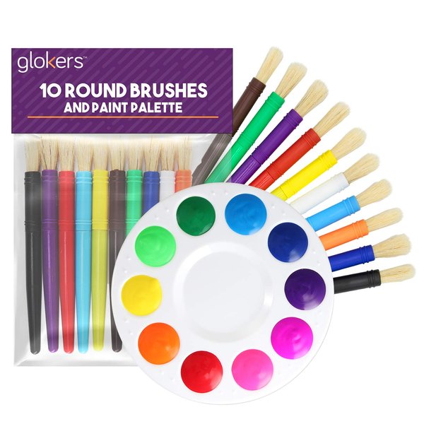 glokers 10-Piece Kids Paint Brushes Set with Paint Palette - Set of 10 Round Hog Bristle Paintbrushes, Easy to Clean - Art Supplies Perfect for Home, School, and Daycare