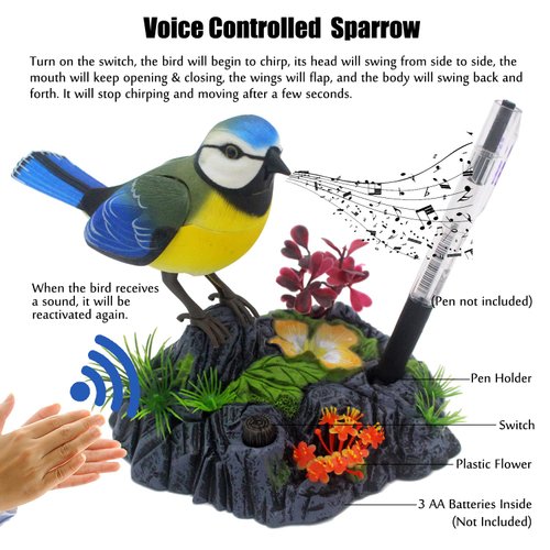 Tipmant Cute Electronic Birds Toys Pets Simulation Realistic Move Chirp Electric Office Home Desk Decor Decoration Kids Birthday Gifts (Blue & Yellow)