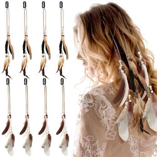 8 Pcs Handmade Boho Hair Extensions with Feather Clip Comb, Braided Beads Headdress, and Pirate Hair Accessories for Women Girls (Fresh Style)
