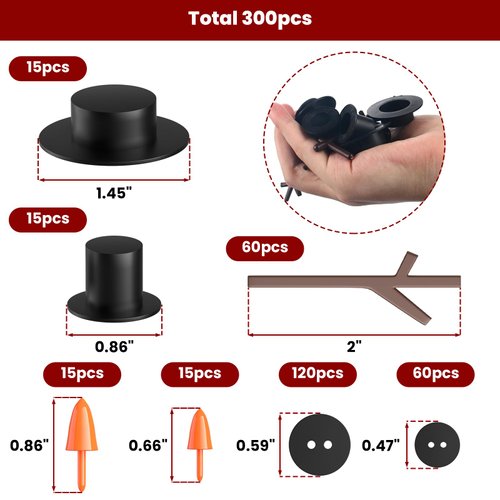 Outivity 300 Pcs Snowman Crafts DIY Kits for Winter Kids Holiday Party Decor Gift,Includes 30 Mini Black Top Hats,180 Tiny Sewing Buttons,30 Carrot Noses Buttons and 60 Snowman Hands