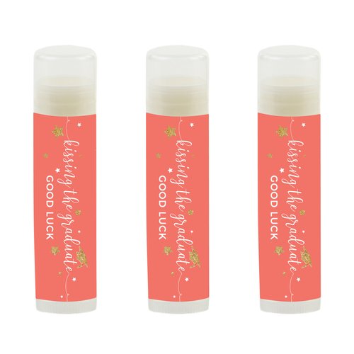 Andaz Press Coral and Gold Glittering Graduation Party Collection, Lip Balm Favors Kissing the Graduate Good Luck!, 12-Pack