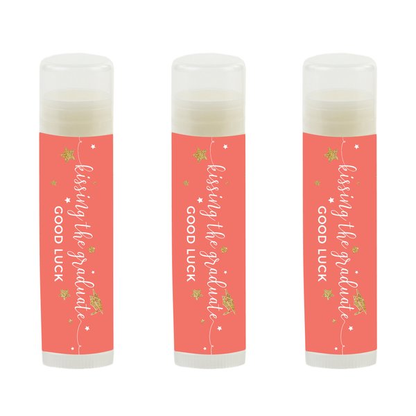 Andaz Press Coral and Gold Glittering Graduation Party Collection, Lip Balm Favors Kissing the Graduate Good Luck!, 12-Pack