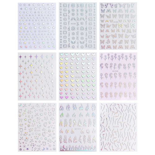 9 Sheets Holographic Nail Art Stickers Decals Self-Adhesive Pegatinas Uñas Heart Flame Stars Butterfly Moon Nail Supplies Nail Art Design Decoration Accessories