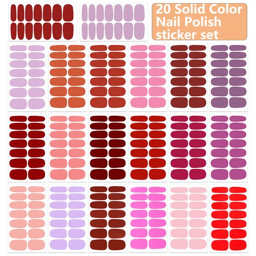 WOKOTO 20 Sheets Red Series Solid Color Full Nail Wraps with Nail File Self-Adhesive Nail Stickers Real Nail Polish Strips for Women Nails Art