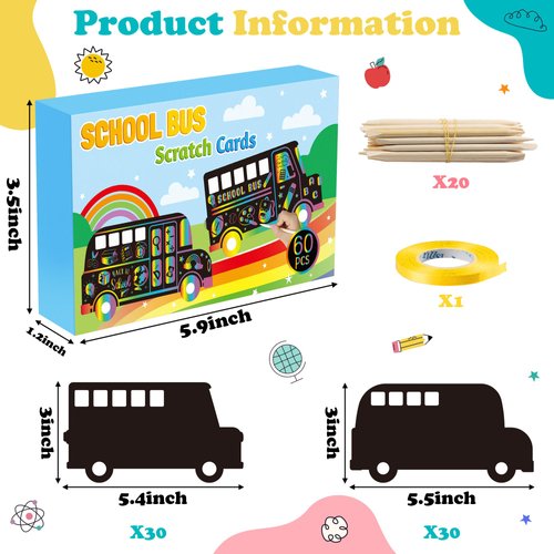 B1ykin School Bus Scratch Cards Gift - Back to School Magic Bus Scratch Paper Art Kit for Kids, DIY First Day of School Scratch Off Hanging Card Party Favors for Classroom Activity Art Project