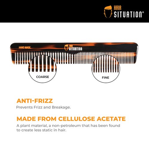 Hair Situation Styling Comb with Fine and Wide Tooth - Handmade for Head Hair, Beard, Mustache - Fine or Coarse Hair Grooming for Men - Comb for Slicked-back, Pompadour, Fauxhawk, Undercut and Quif