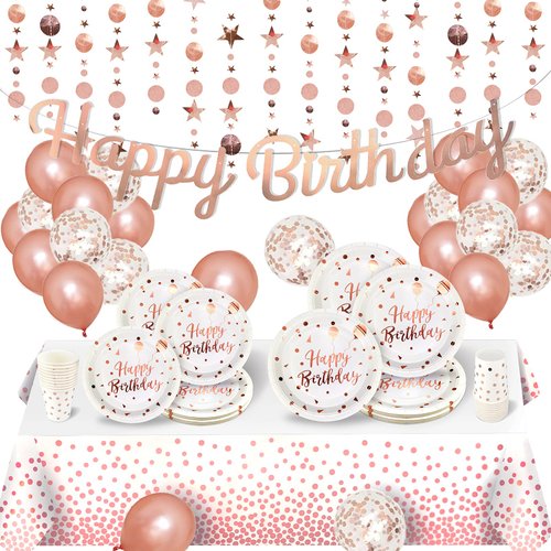 Rose Gold Birthday Party Supplies - Happy Birthday Banner, Glitter Circle Dot Garland Streamer with Plates, Cups, Tablecloth, Rose Gold Balloons, for Women Girl Birthday Party