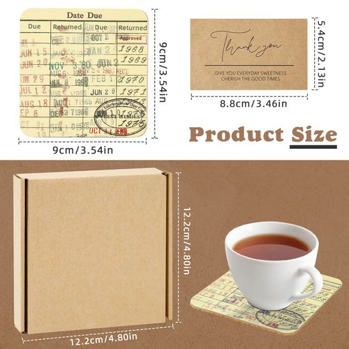 Vintage Library Due Date Card Coaster Set, 4pcs Library Card Coasters with Gift Card, Creative Drink Coffee Mug Coaster Literary Decor Library Gifts for Book Lovers Librarians Writers